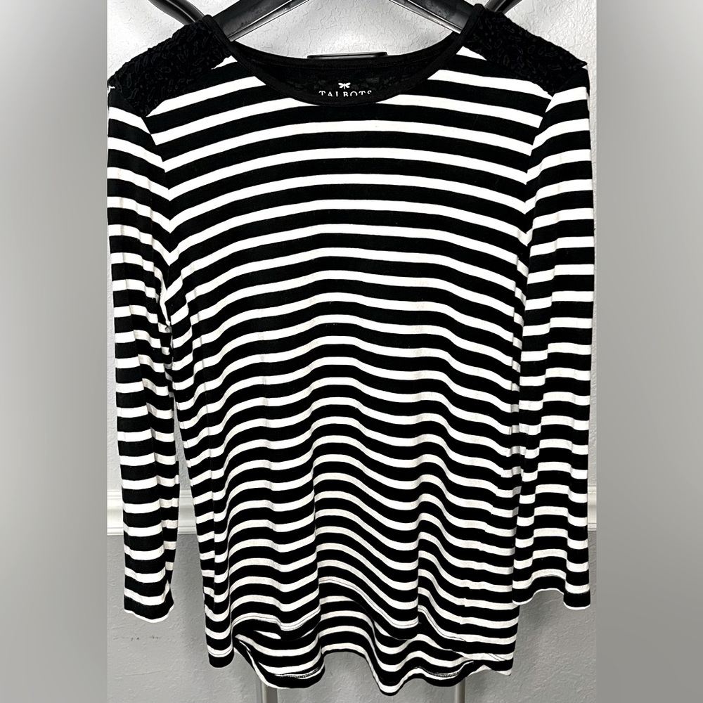 Talbots Black & White Striped Top With Lace Detail Women’s Small Petite